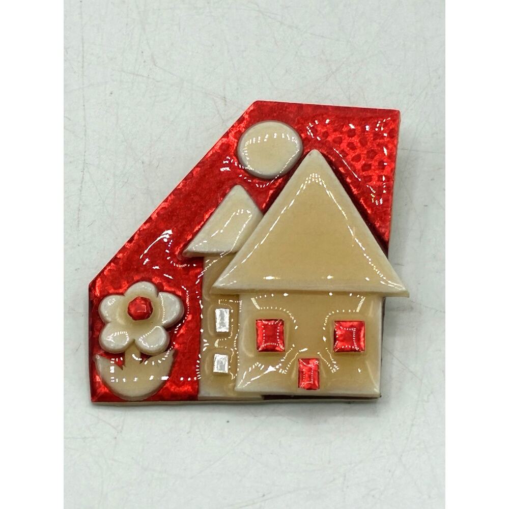 House Pins by Lucinda Brooch • Red Glitter House Rhinestone Windows Vintage Pin